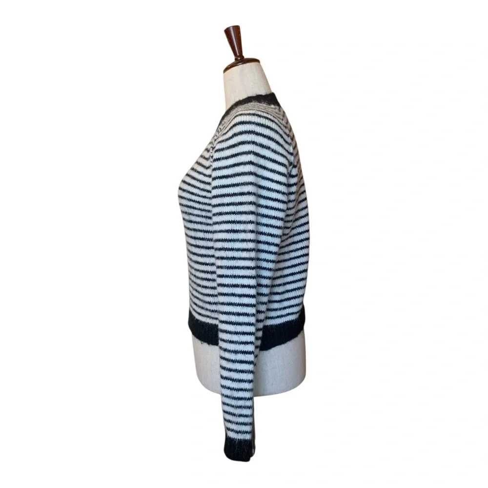 Talbots Navy Ivory Striped V-Neck Cotton Blend Sweater Hood Pull-Over Size MP‎